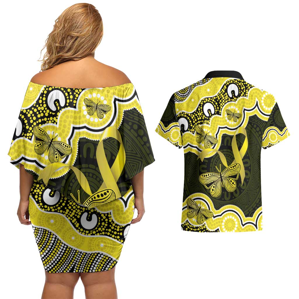 Yellow Ribbon Sarcoma Awareness Month Couples Matching Off Shoulder Short Dress and Hawaiian Shirt Aboriginal Art - Aussie Hoodie