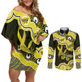 Yellow Ribbon Sarcoma Awareness Month Couples Matching Off Shoulder Short Dress and Long Sleeve Button Shirt Aboriginal Art - Aussie Hoodie