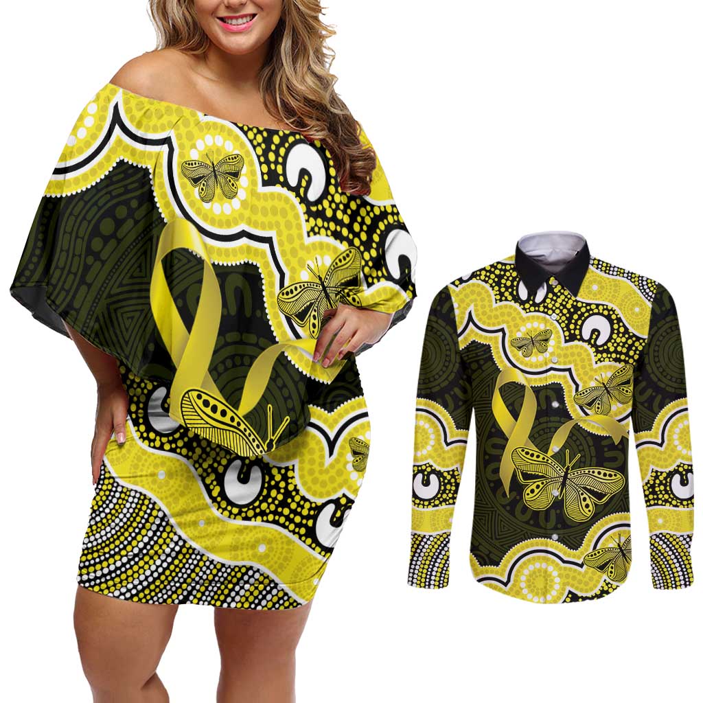 Yellow Ribbon Sarcoma Awareness Month Couples Matching Off Shoulder Short Dress and Long Sleeve Button Shirt Aboriginal Art - Aussie Hoodie