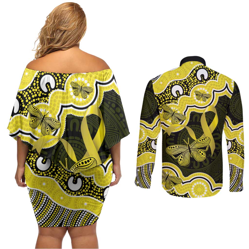 Yellow Ribbon Sarcoma Awareness Month Couples Matching Off Shoulder Short Dress and Long Sleeve Button Shirt Aboriginal Art - Aussie Hoodie