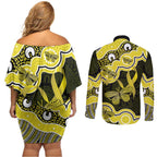 Yellow Ribbon Sarcoma Awareness Month Couples Matching Off Shoulder Short Dress and Long Sleeve Button Shirt Aboriginal Art - Aussie Hoodie