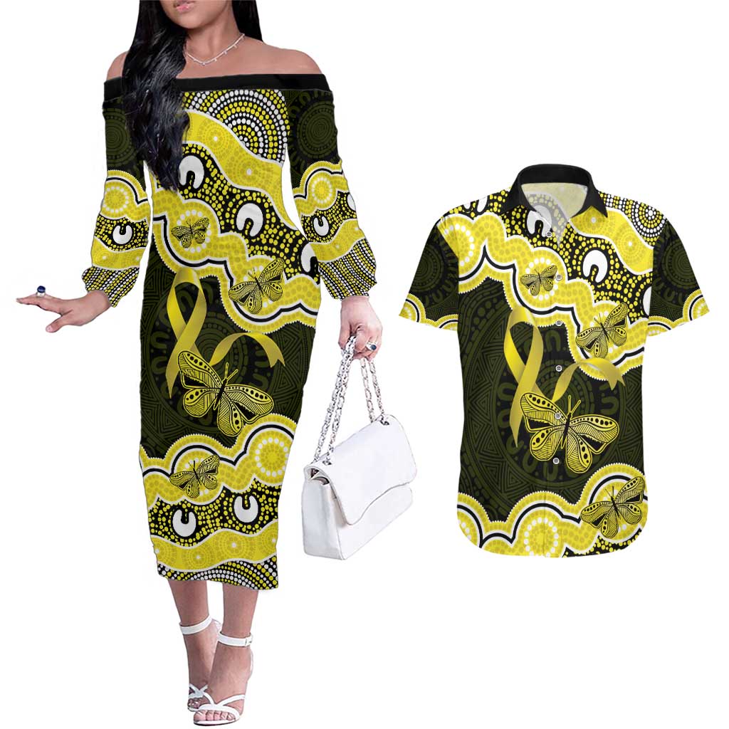 Yellow Ribbon Sarcoma Awareness Month Couples Matching Off The Shoulder Long Sleeve Dress and Hawaiian Shirt Aboriginal Art - Aussie Hoodie