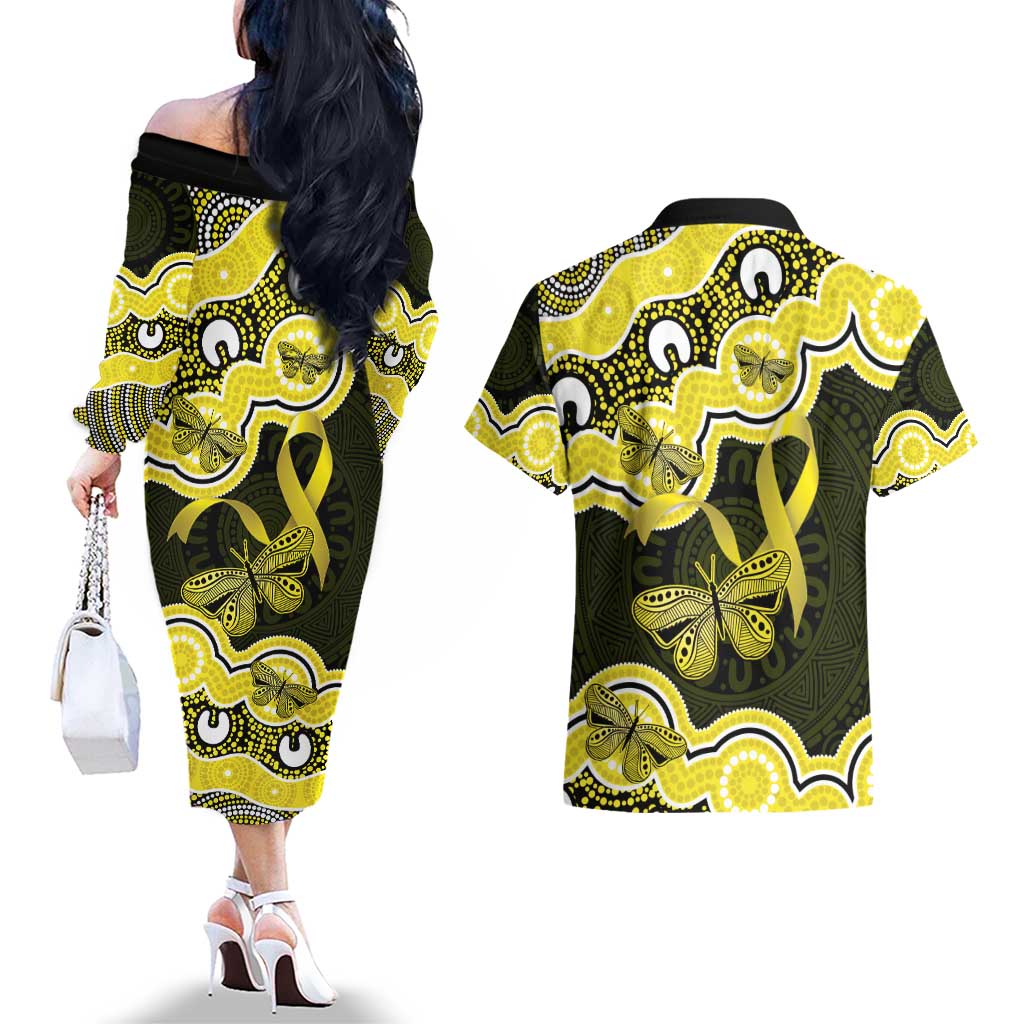Yellow Ribbon Sarcoma Awareness Month Couples Matching Off The Shoulder Long Sleeve Dress and Hawaiian Shirt Aboriginal Art - Aussie Hoodie
