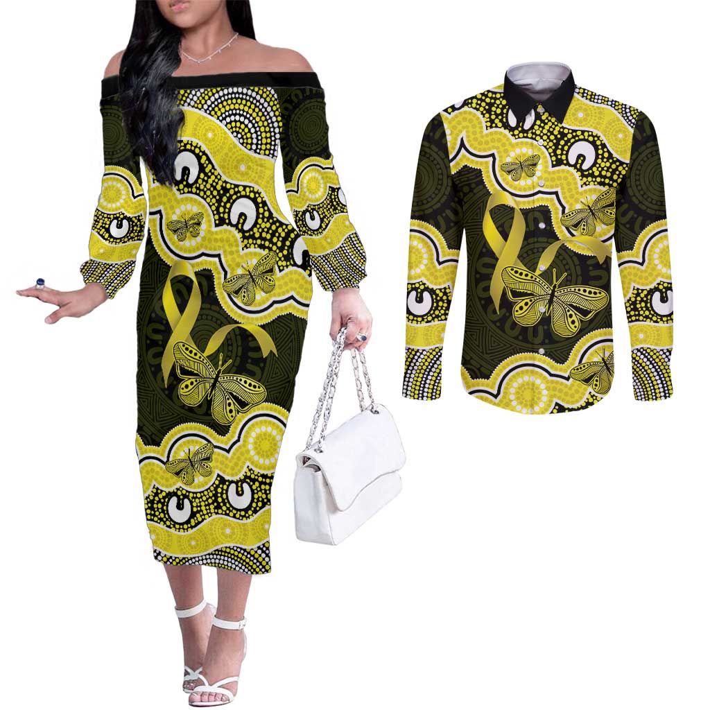 Yellow Ribbon Sarcoma Awareness Month Couples Matching Off The Shoulder Long Sleeve Dress and Long Sleeve Button Shirt Aboriginal Art - Aussie Hoodie