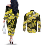 Yellow Ribbon Sarcoma Awareness Month Couples Matching Off The Shoulder Long Sleeve Dress and Long Sleeve Button Shirt Aboriginal Art - Aussie Hoodie