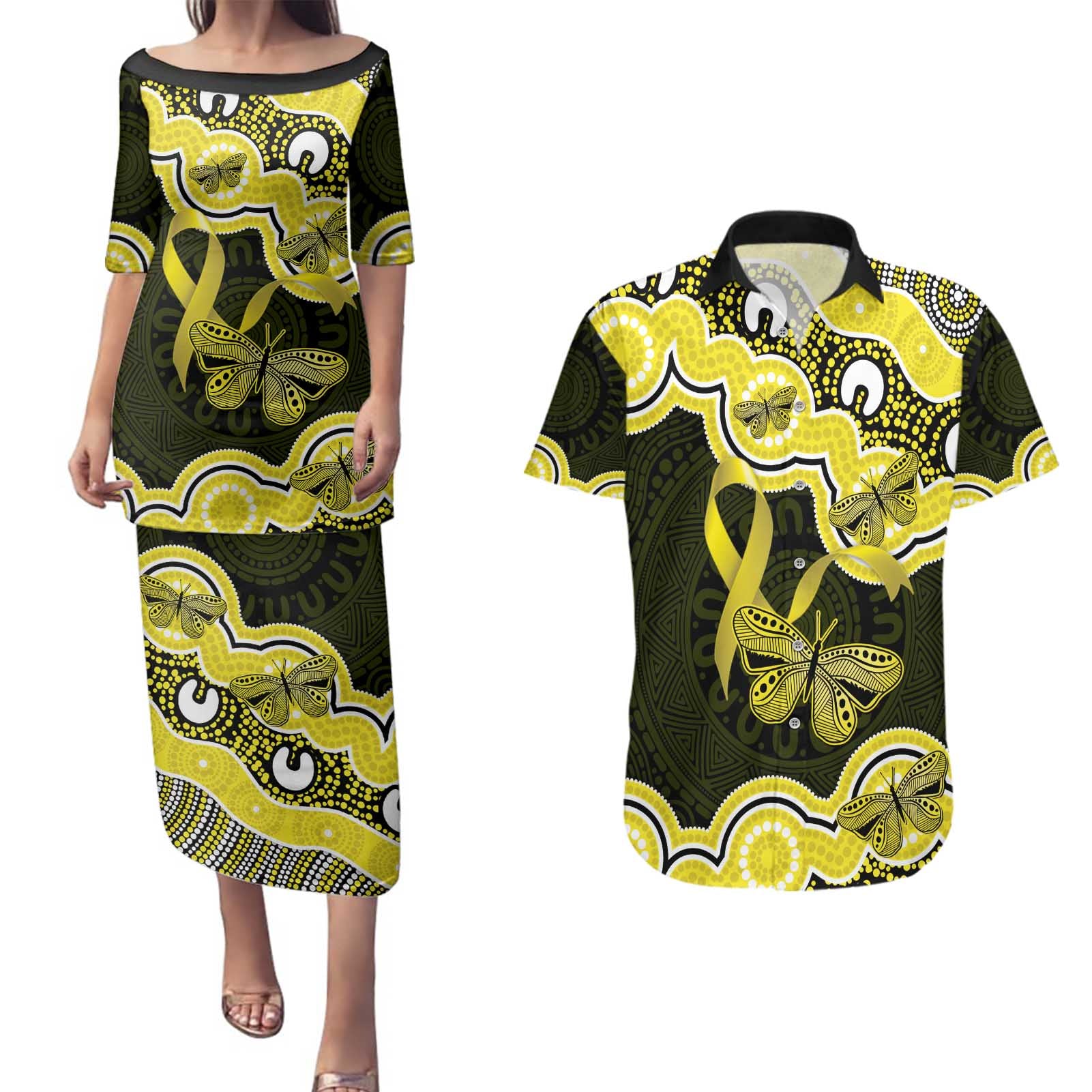 Yellow Ribbon Sarcoma Awareness Month Couples Matching Puletasi and Hawaiian Shirt Aboriginal Art - Aussie Hoodie