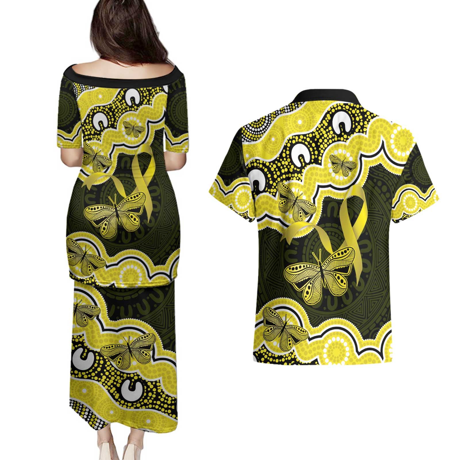 Yellow Ribbon Sarcoma Awareness Month Couples Matching Puletasi and Hawaiian Shirt Aboriginal Art - Aussie Hoodie