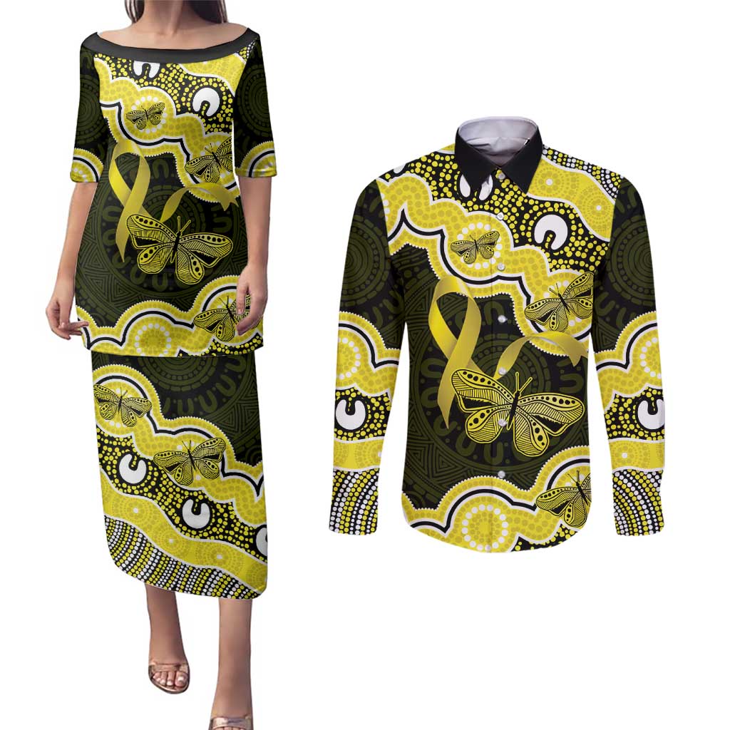 Yellow Ribbon Sarcoma Awareness Month Couples Matching Puletasi and Long Sleeve Button Shirt Aboriginal Art - Aussie Hoodie