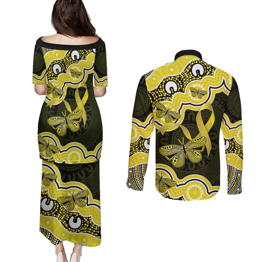 Yellow Ribbon Sarcoma Awareness Month Couples Matching Puletasi and Long Sleeve Button Shirt Aboriginal Art - Aussie Hoodie