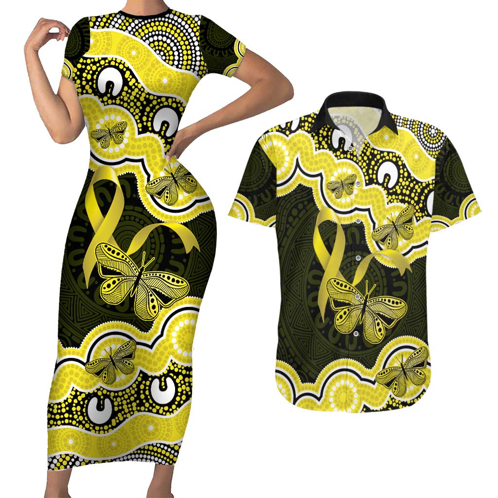 Yellow Ribbon Sarcoma Awareness Month Couples Matching Short Sleeve Bodycon Dress and Hawaiian Shirt Aboriginal Art - Aussie Hoodie