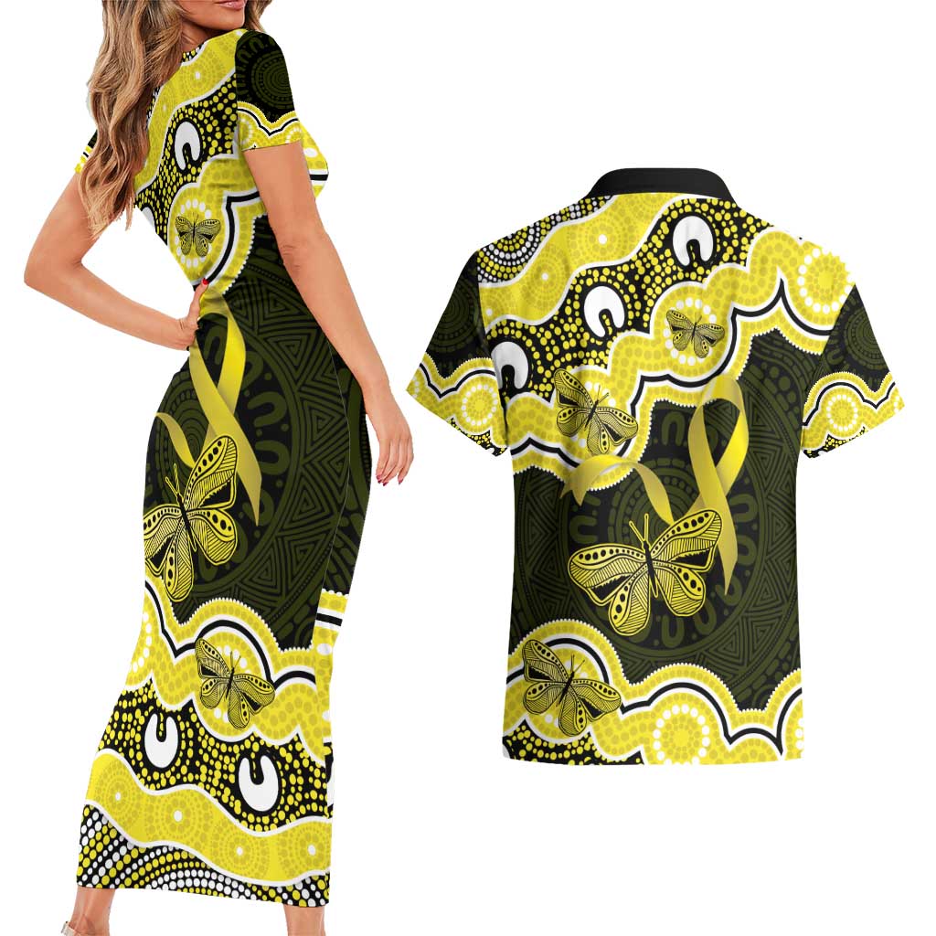 Yellow Ribbon Sarcoma Awareness Month Couples Matching Short Sleeve Bodycon Dress and Hawaiian Shirt Aboriginal Art - Aussie Hoodie