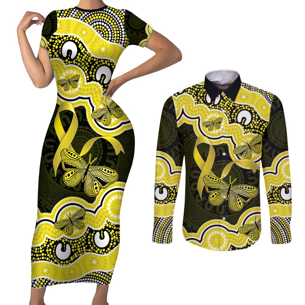 Yellow Ribbon Sarcoma Awareness Month Couples Matching Short Sleeve Bodycon Dress and Long Sleeve Button Shirt Aboriginal Art - Aussie Hoodie