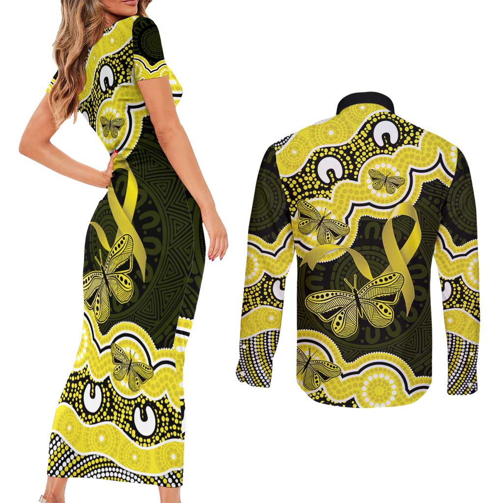 Yellow Ribbon Sarcoma Awareness Month Couples Matching Short Sleeve Bodycon Dress and Long Sleeve Button Shirt Aboriginal Art - Aussie Hoodie