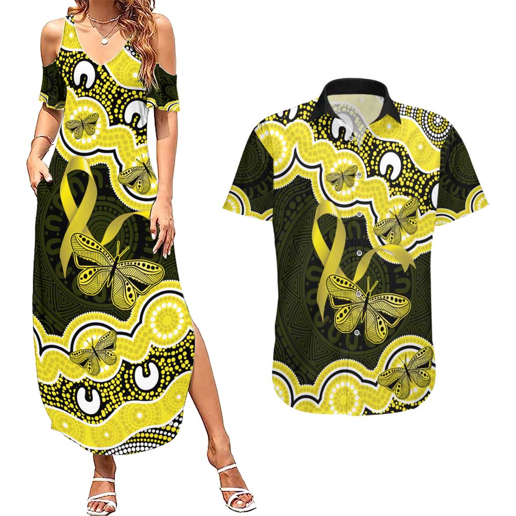 Yellow Ribbon Sarcoma Awareness Month Couples Matching Summer Maxi Dress and Hawaiian Shirt Aboriginal Art - Aussie Hoodie