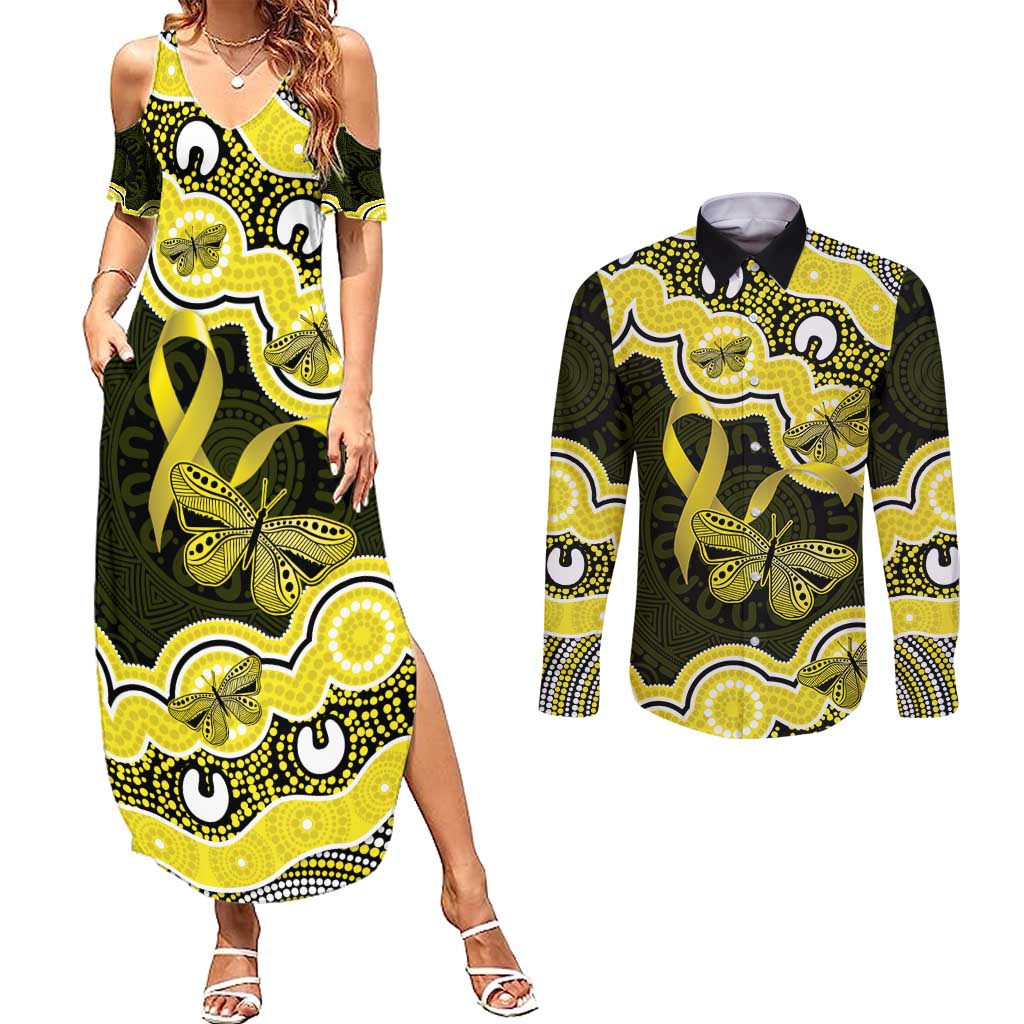 Yellow Ribbon Sarcoma Awareness Month Couples Matching Summer Maxi Dress and Long Sleeve Button Shirt Aboriginal Art - Aussie Hoodie