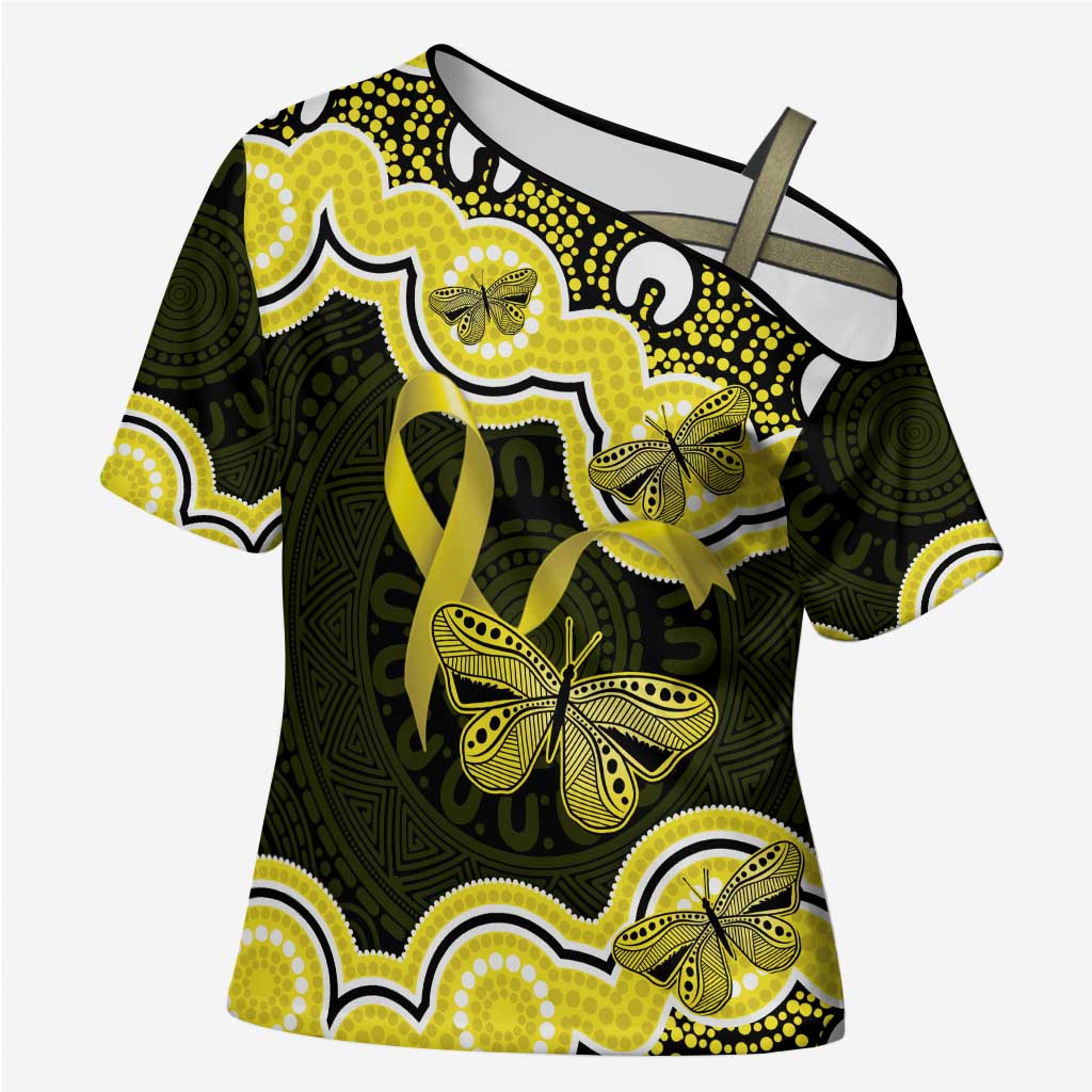 Yellow Ribbon Sarcoma Awareness Month Cross Shoulder Shirt Aboriginal Art - Aussie Hoodie