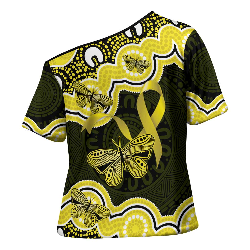 Yellow Ribbon Sarcoma Awareness Month Cross Shoulder Shirt Aboriginal Art - Aussie Hoodie