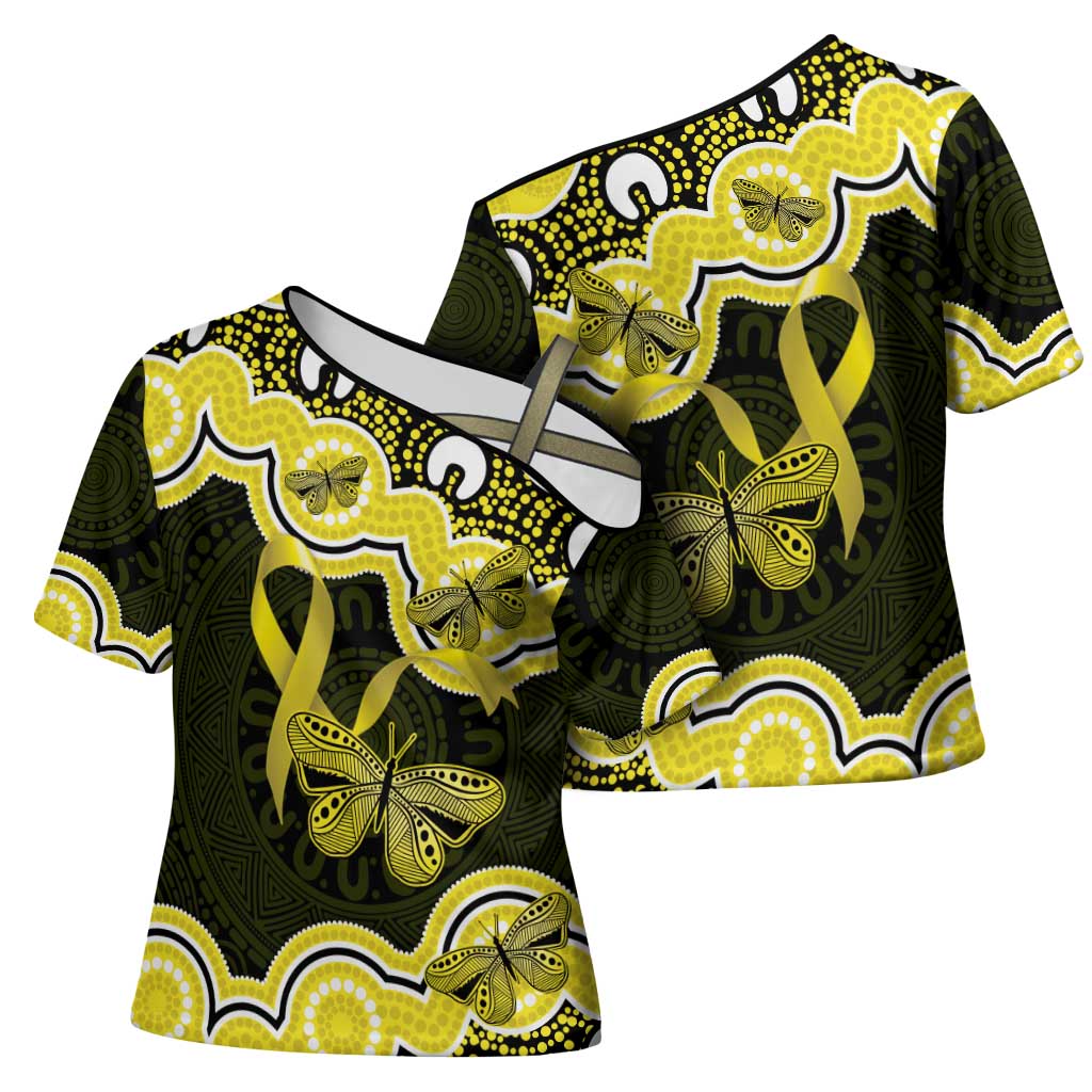 Yellow Ribbon Sarcoma Awareness Month Cross Shoulder Shirt Aboriginal Art - Aussie Hoodie