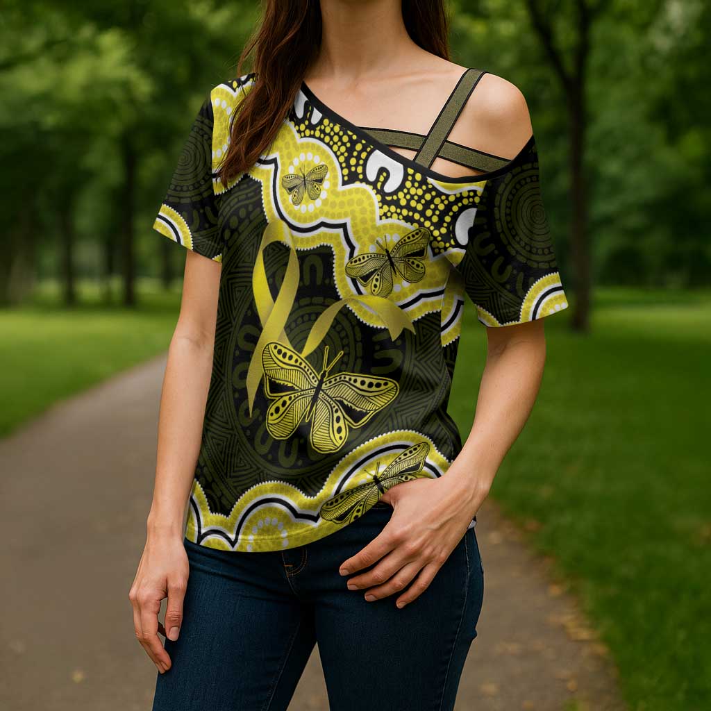 Yellow Ribbon Sarcoma Awareness Month Cross Shoulder Shirt Aboriginal Art - Aussie Hoodie
