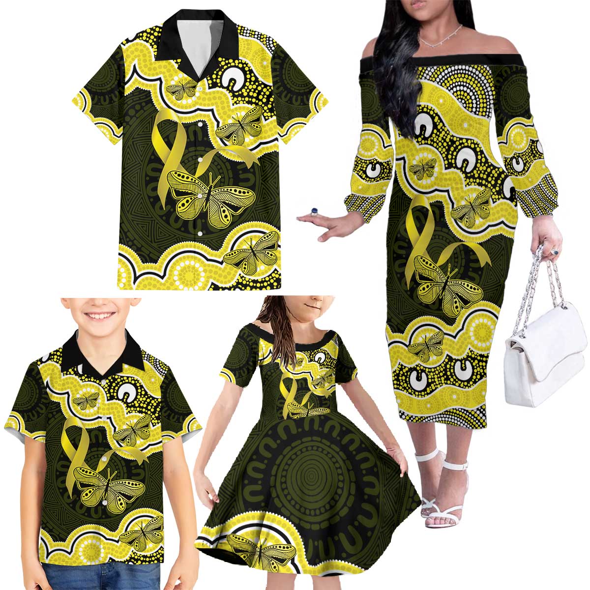 Yellow Ribbon Sarcoma Awareness Month Family Matching Off The Shoulder Long Sleeve Dress and Hawaiian Shirt Aboriginal Art - Aussie Hoodie