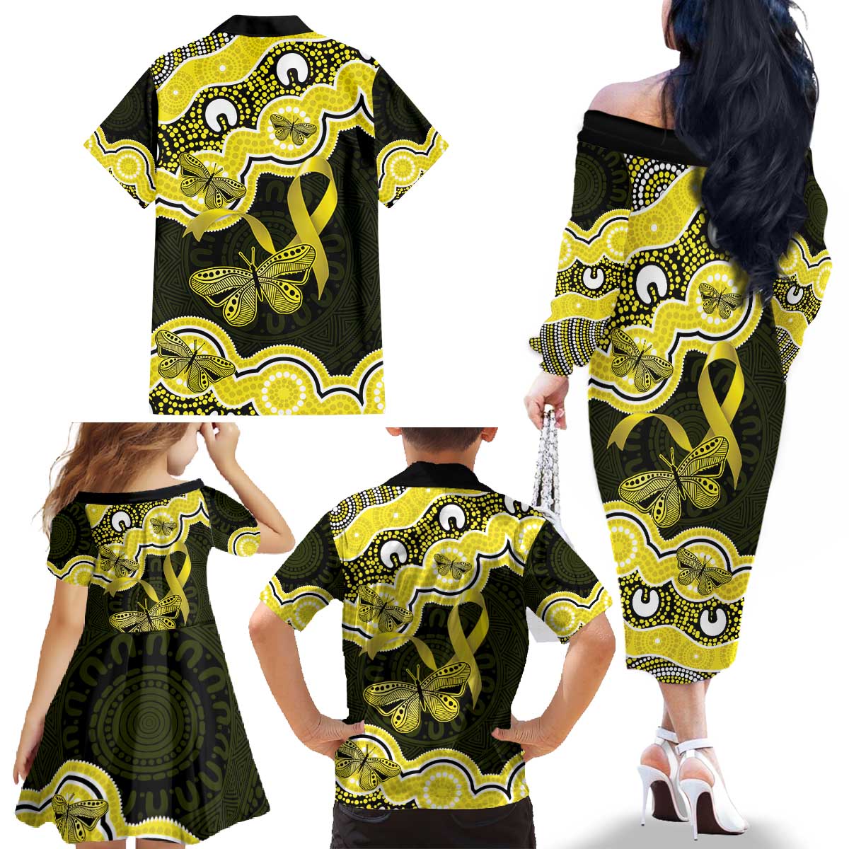 Yellow Ribbon Sarcoma Awareness Month Family Matching Off The Shoulder Long Sleeve Dress and Hawaiian Shirt Aboriginal Art - Aussie Hoodie
