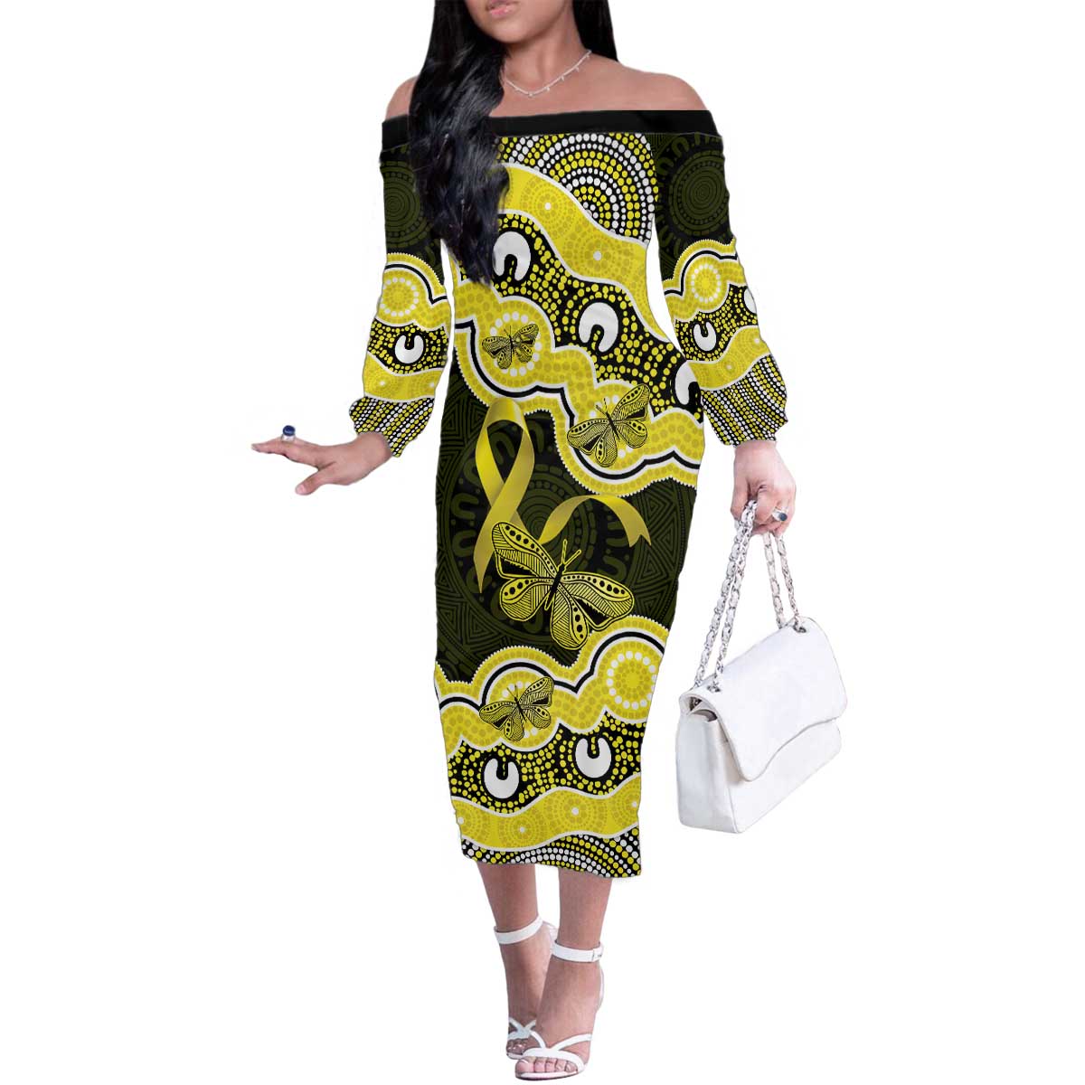 Yellow Ribbon Sarcoma Awareness Month Family Matching Off The Shoulder Long Sleeve Dress and Hawaiian Shirt Aboriginal Art - Aussie Hoodie