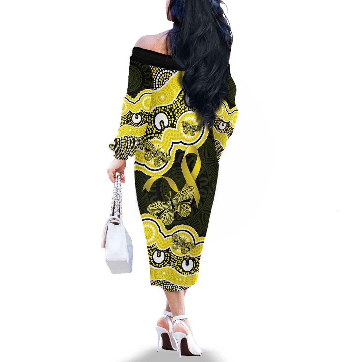 Yellow Ribbon Sarcoma Awareness Month Family Matching Off The Shoulder Long Sleeve Dress and Hawaiian Shirt Aboriginal Art - Aussie Hoodie