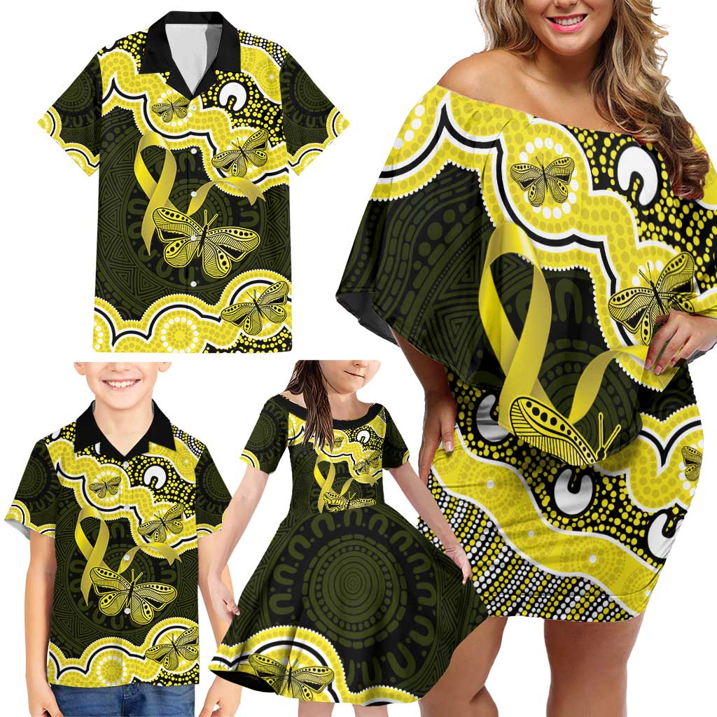 Yellow Ribbon Sarcoma Awareness Month Family Matching Off Shoulder Short Dress and Hawaiian Shirt Aboriginal Art - Aussie Hoodie