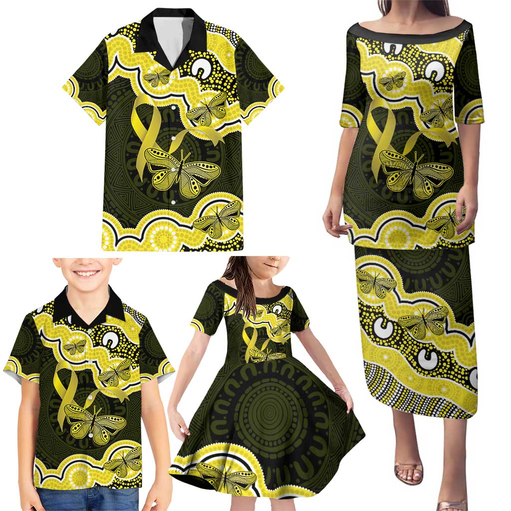 Yellow Ribbon Sarcoma Awareness Month Family Matching Puletasi and Hawaiian Shirt Aboriginal Art - Aussie Hoodie