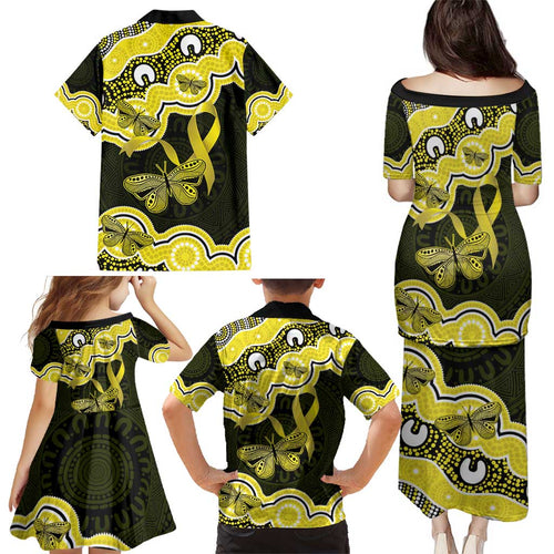 Yellow Ribbon Sarcoma Awareness Month Family Matching Puletasi and Hawaiian Shirt Aboriginal Art - Aussie Hoodie