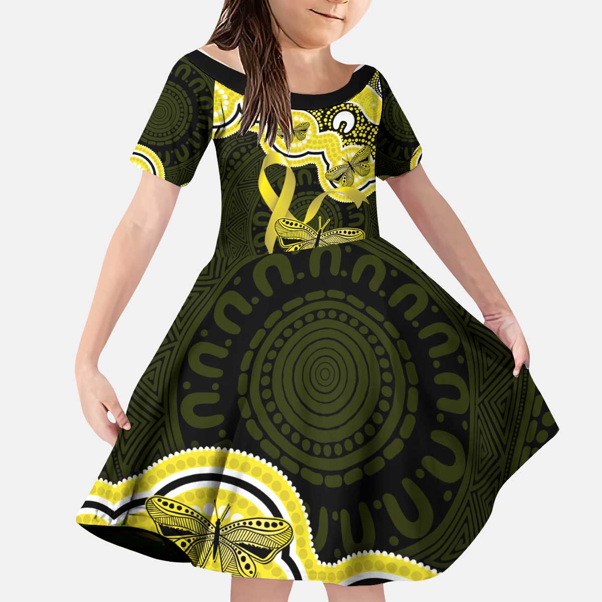 Yellow Ribbon Sarcoma Awareness Month Kid Short Sleeve Dress Aboriginal Art - Aussie Hoodie