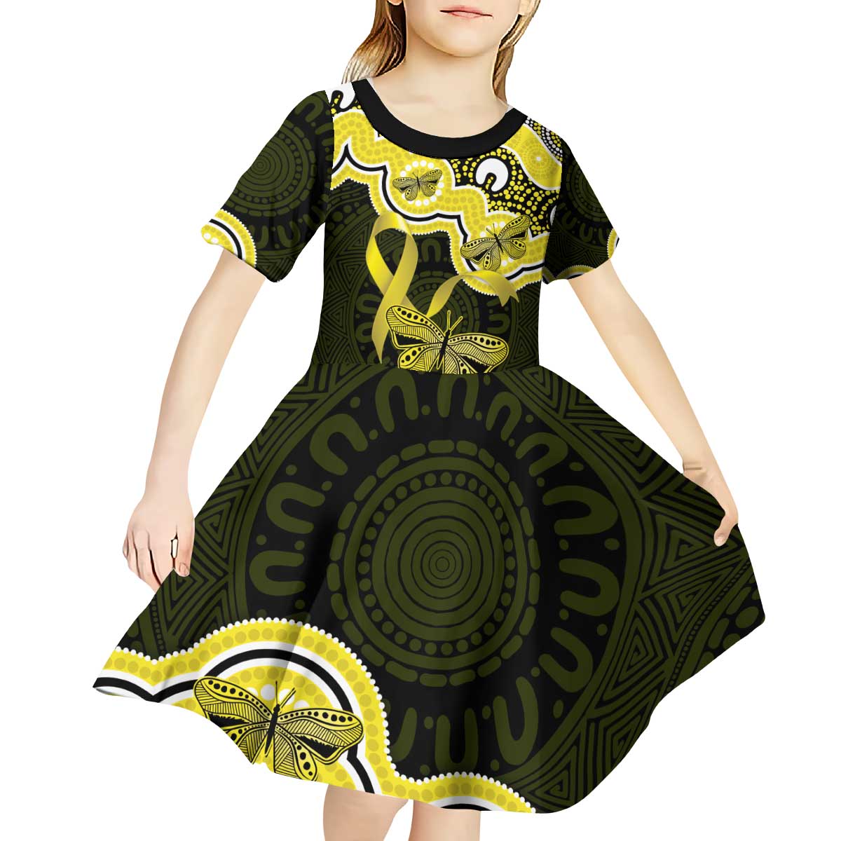Yellow Ribbon Sarcoma Awareness Month Kid Short Sleeve Dress Aboriginal Art - Aussie Hoodie
