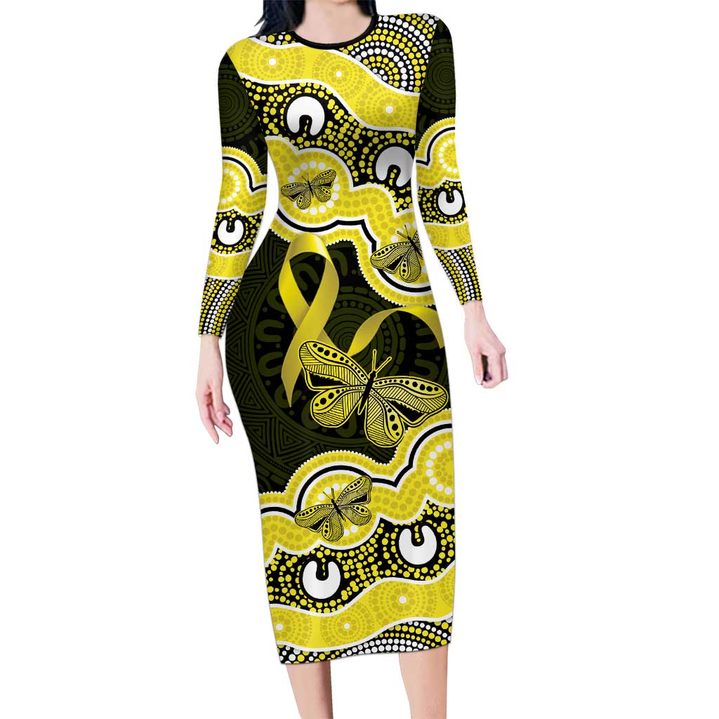 Yellow Ribbon Sarcoma Awareness Month Long Sleeve Bodycon Dress Aboriginal Art - Aussie Hoodie