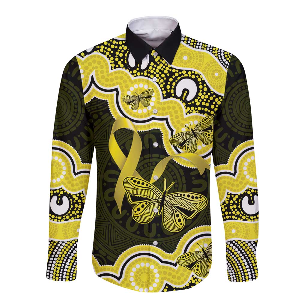 Yellow Ribbon Sarcoma Awareness Month Long Sleeve Button Shirt Aboriginal Art - Aussie Hoodie