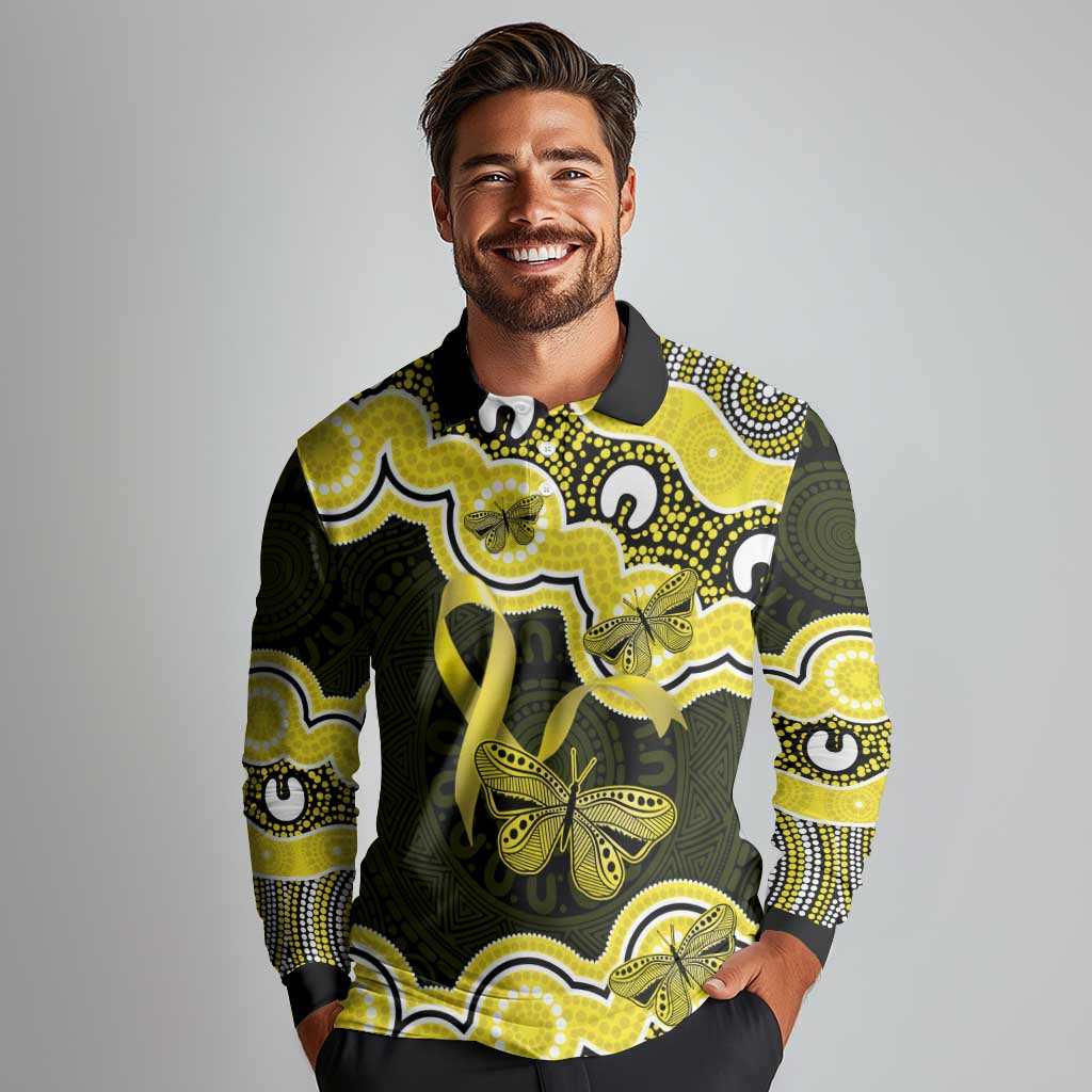 Yellow Ribbon Sarcoma Awareness Month Long Sleeve Polo Shirt Aboriginal Art - Aussie Hoodie