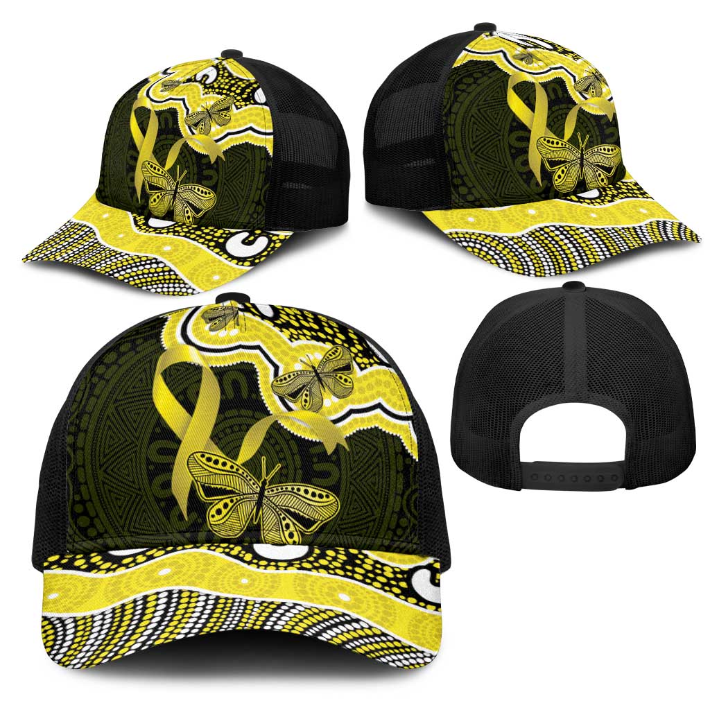 Yellow Ribbon Sarcoma Awareness Month Mesh Trucker Cap Aboriginal Art - Aussie Hoodie