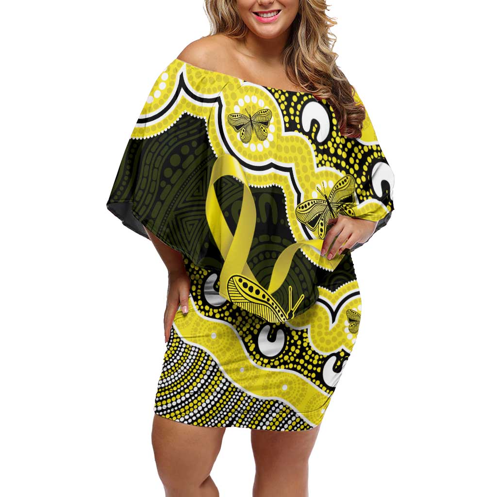 Yellow Ribbon Sarcoma Awareness Month Off Shoulder Short Dress Aboriginal Art - Aussie Hoodie