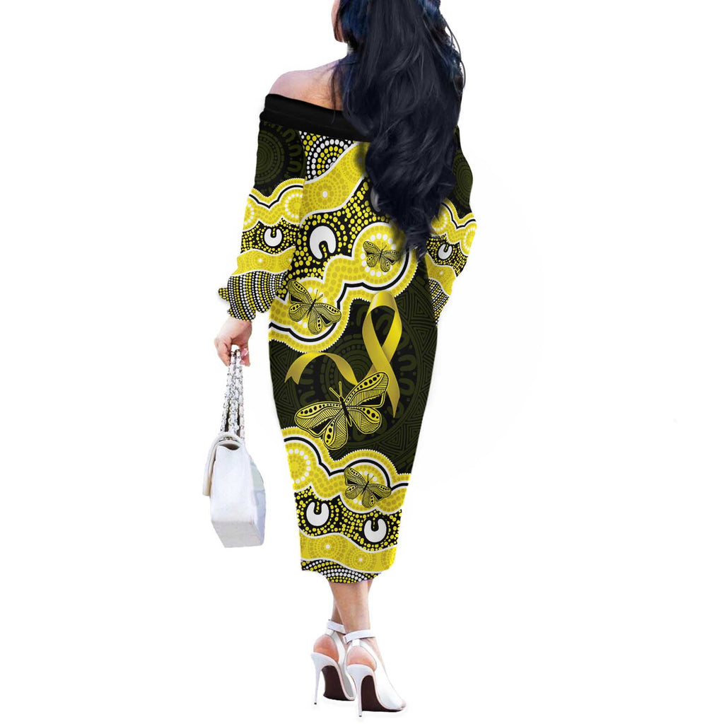 Yellow Ribbon Sarcoma Awareness Month Off The Shoulder Long Sleeve Dress Aboriginal Art - Aussie Hoodie