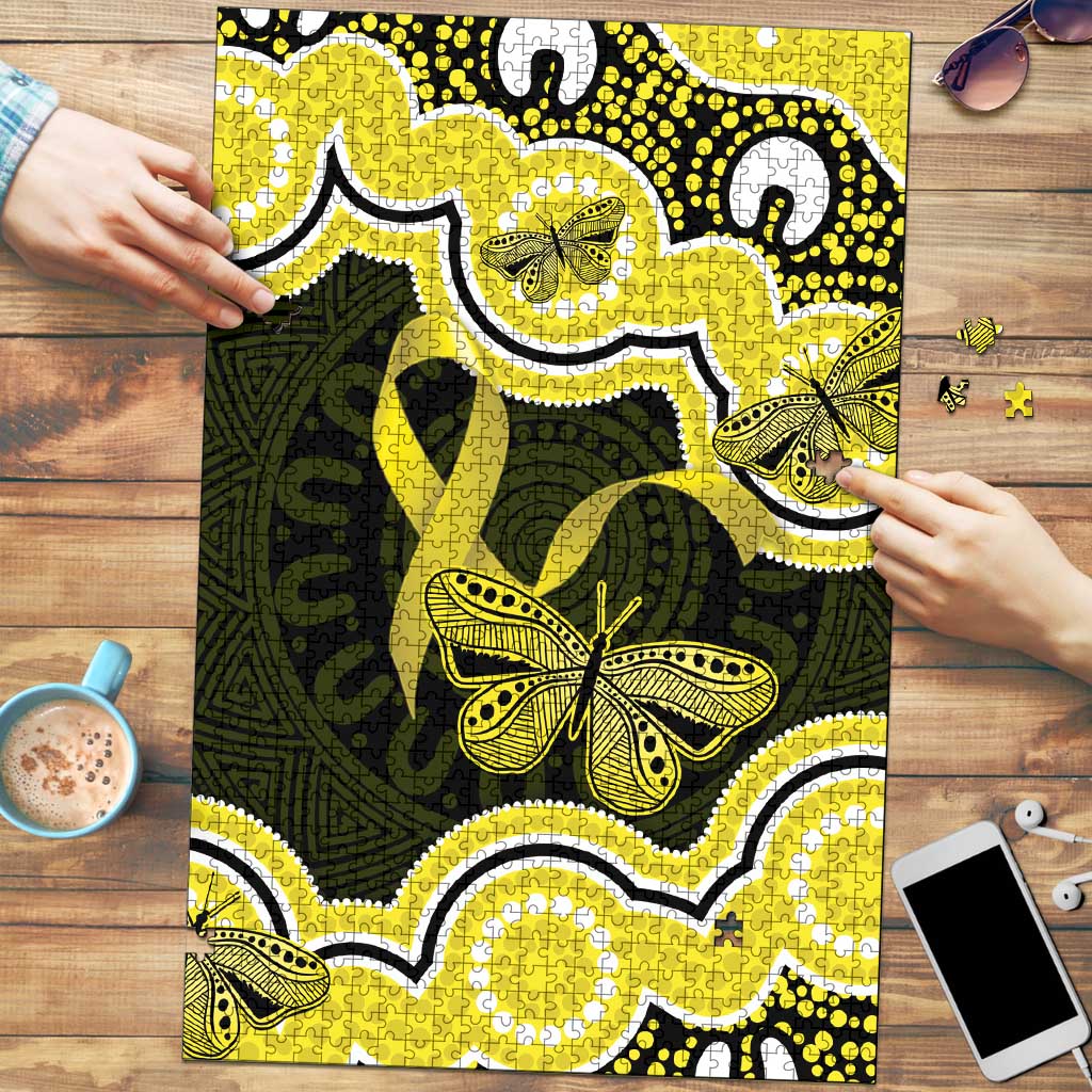 Yellow Ribbon Sarcoma Awareness Month Puzzle Aboriginal Art - Aussie Hoodie