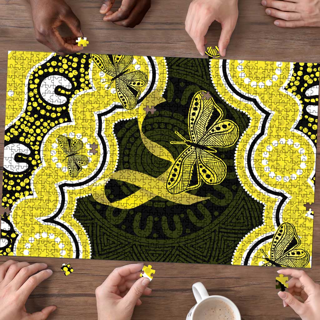 Yellow Ribbon Sarcoma Awareness Month Puzzle Aboriginal Art - Aussie Hoodie