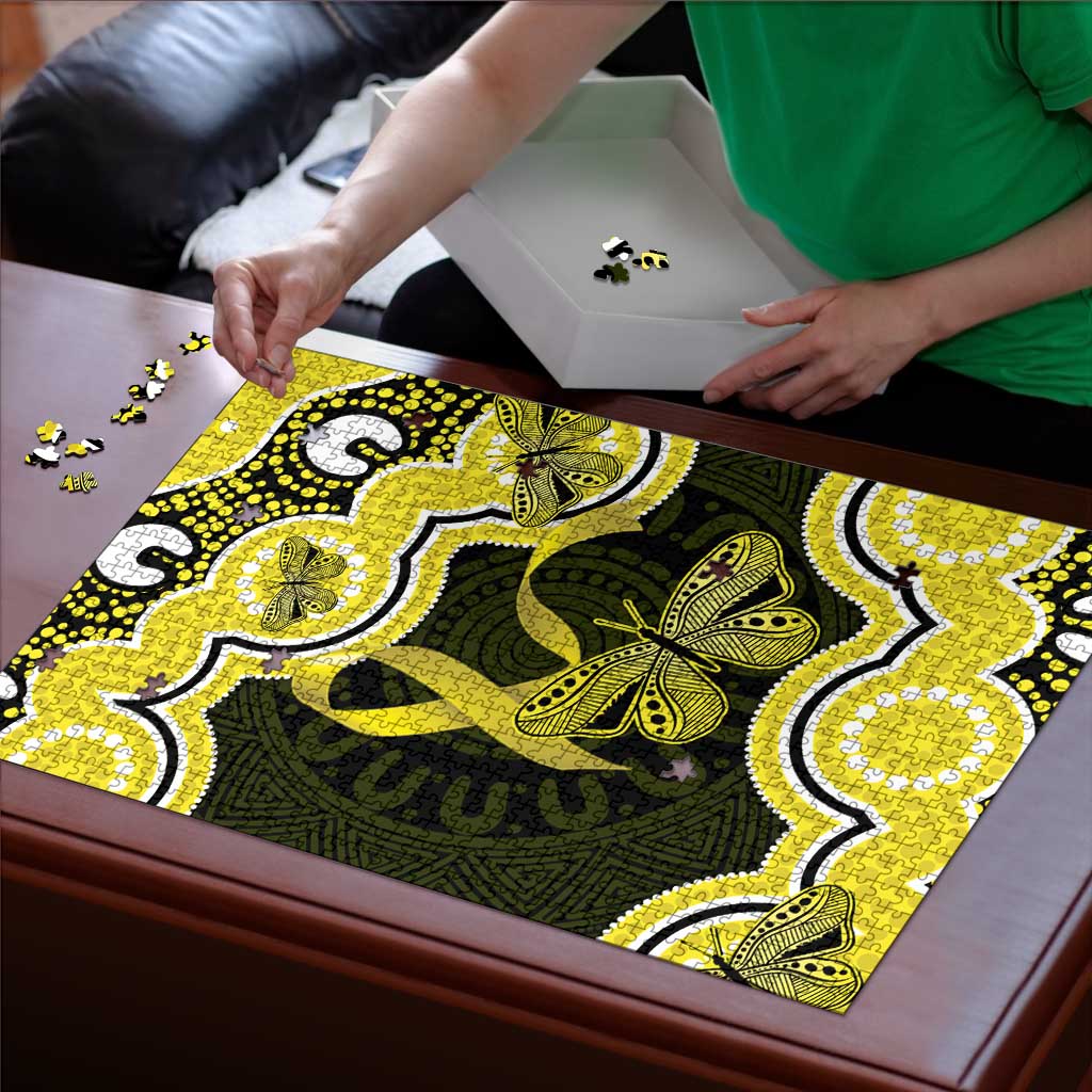 Yellow Ribbon Sarcoma Awareness Month Puzzle Aboriginal Art - Aussie Hoodie