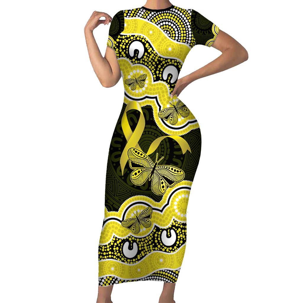 Yellow Ribbon Sarcoma Awareness Month Short Sleeve Bodycon Dress Aboriginal Art - Aussie Hoodie
