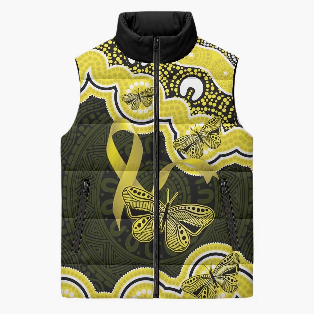 Yellow Ribbon Sarcoma Awareness Month Sleeveless Puffer Jacket Aboriginal Art - Aussie Hoodie