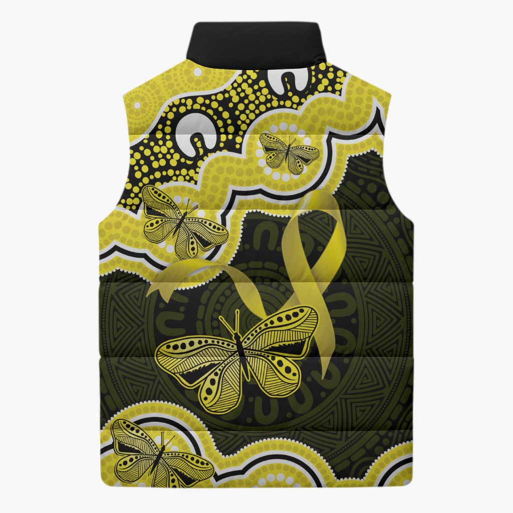 Yellow Ribbon Sarcoma Awareness Month Sleeveless Puffer Jacket Aboriginal Art - Aussie Hoodie