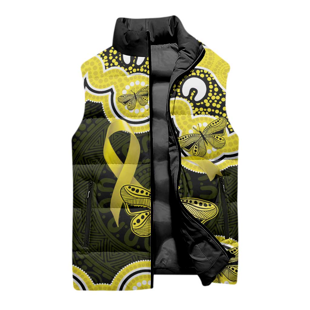 Yellow Ribbon Sarcoma Awareness Month Sleeveless Puffer Jacket Aboriginal Art - Aussie Hoodie
