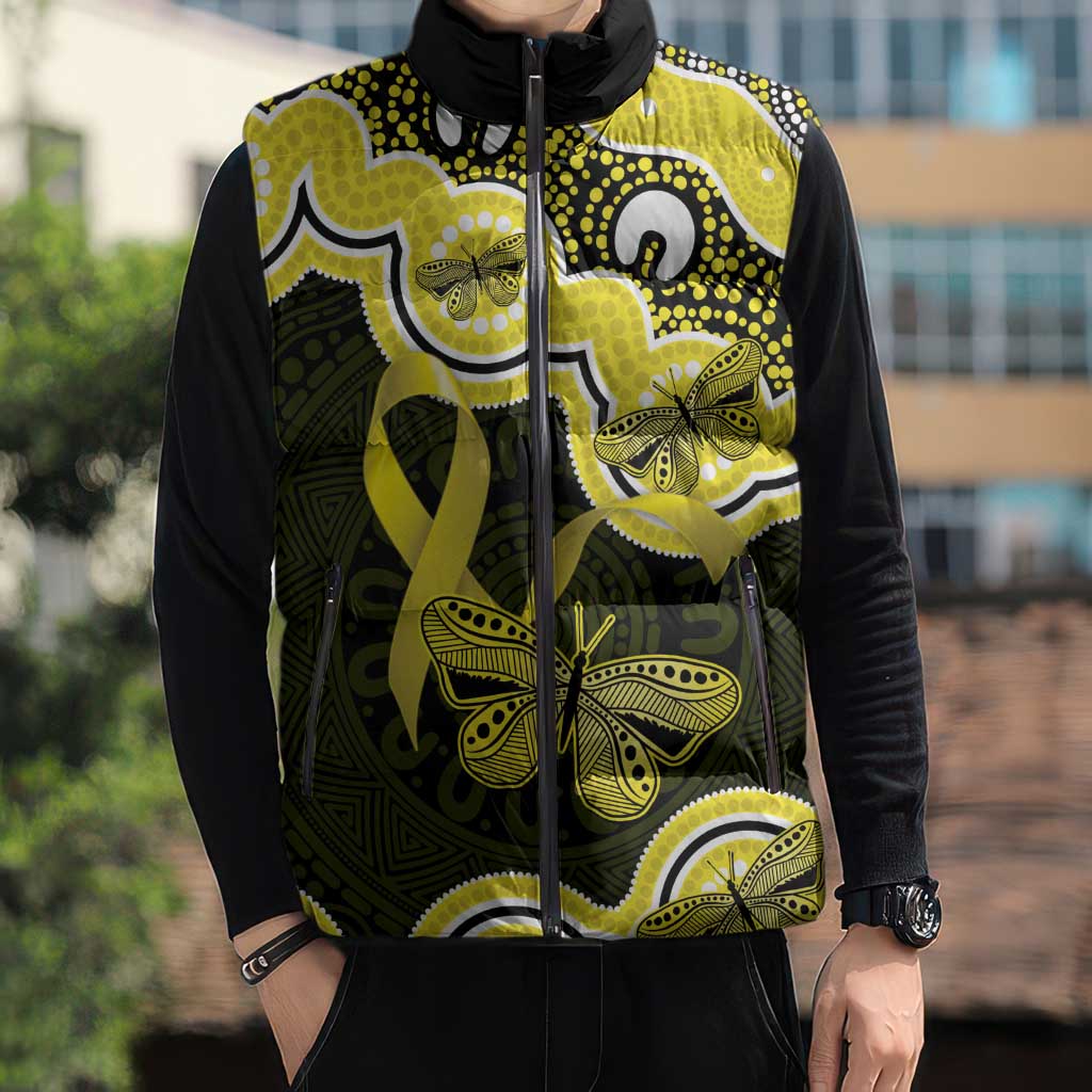 Yellow Ribbon Sarcoma Awareness Month Sleeveless Puffer Jacket Aboriginal Art - Aussie Hoodie