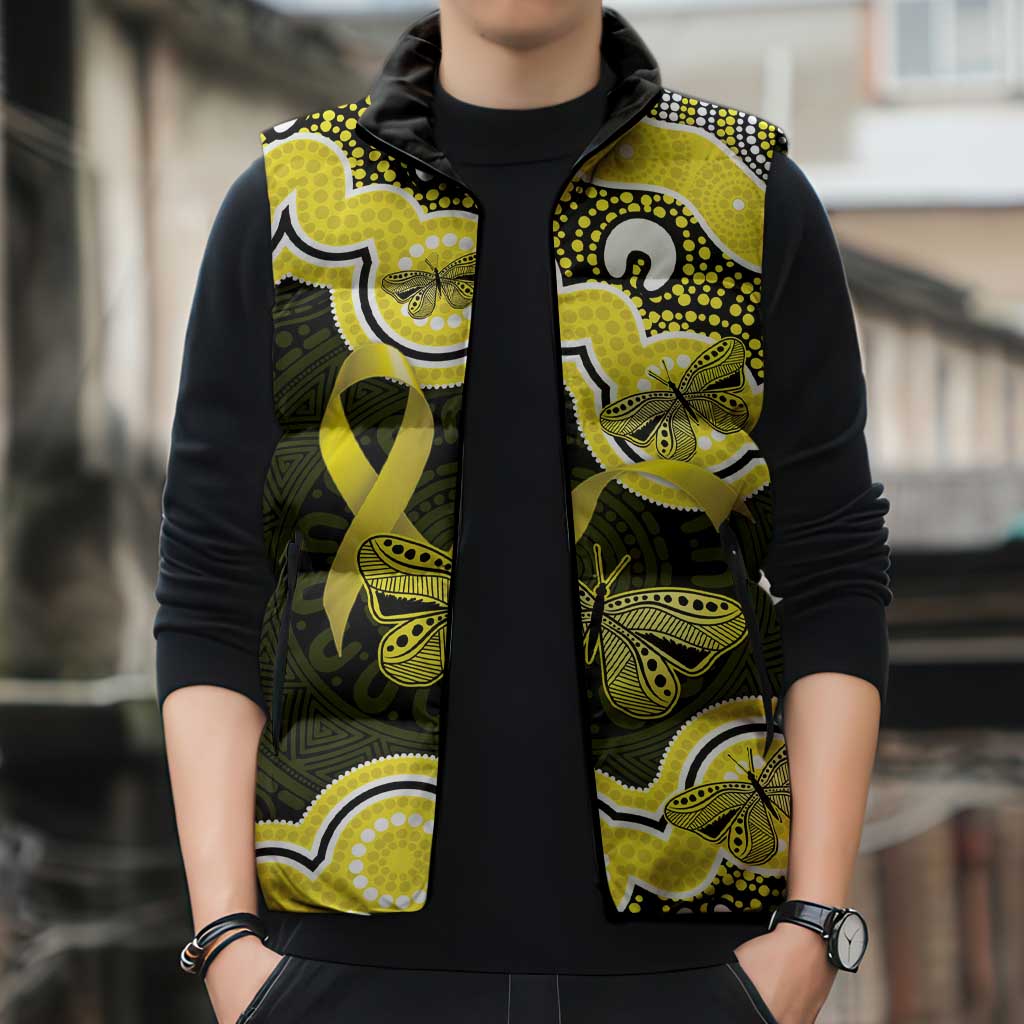 Yellow Ribbon Sarcoma Awareness Month Sleeveless Puffer Jacket Aboriginal Art - Aussie Hoodie