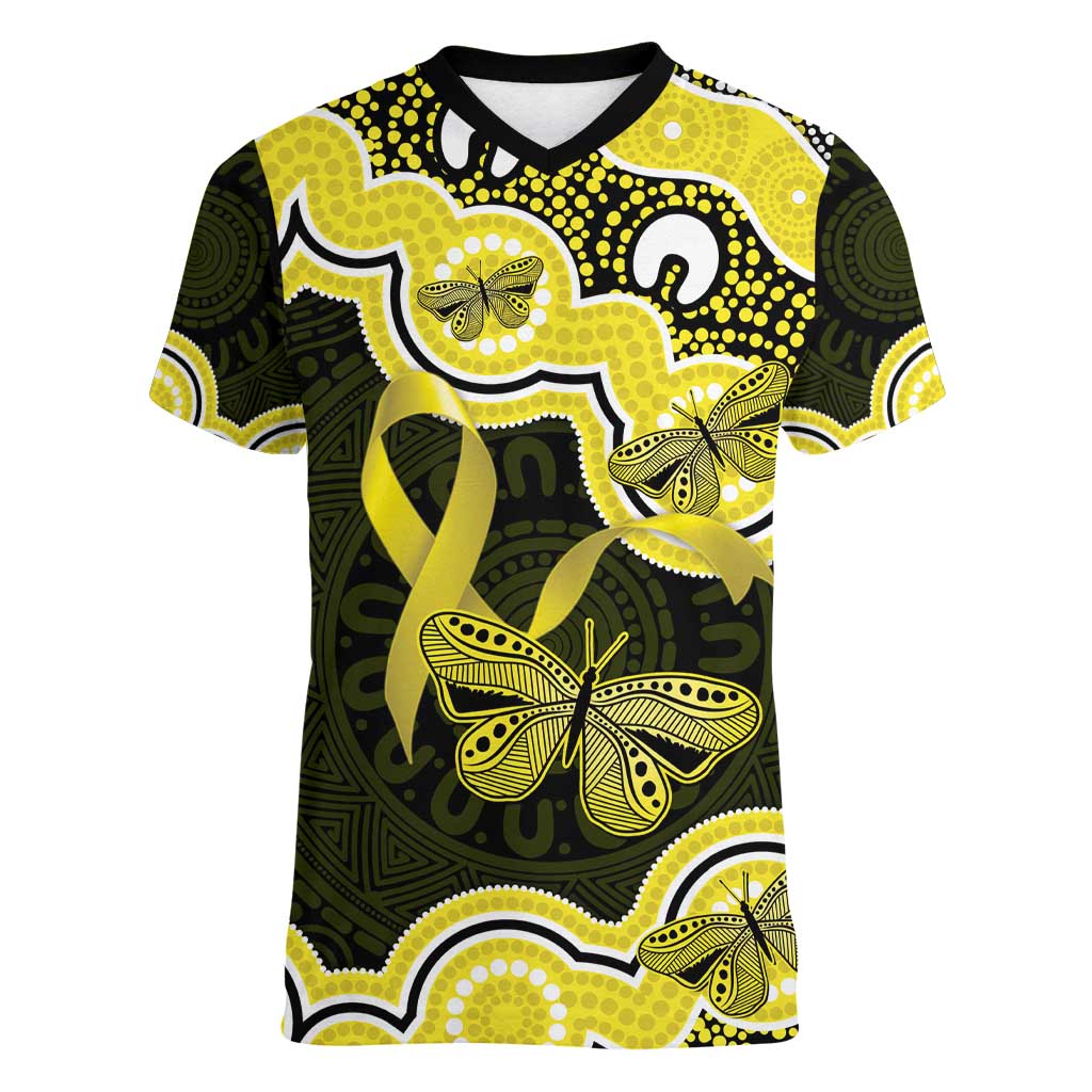 Yellow Ribbon Sarcoma Awareness Month Women V-Neck T-Shirt Aboriginal Art - Aussie Hoodie