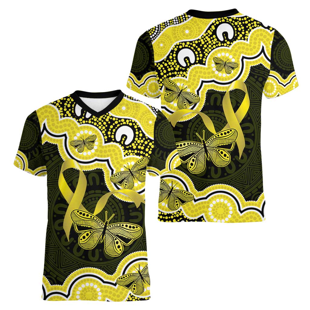 Yellow Ribbon Sarcoma Awareness Month Women V-Neck T-Shirt Aboriginal Art - Aussie Hoodie