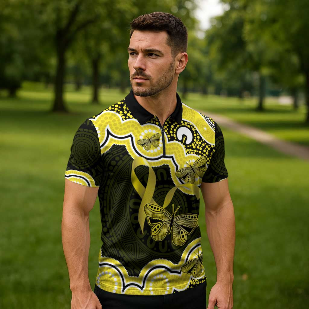 Yellow Ribbon Sarcoma Awareness Month Zipper Polo Shirt Aboriginal Art - Aussie Hoodie